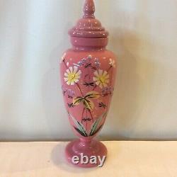 Pink 13 Bristol Glass Victorian Porcelain Enameled Urn with Lid Hand Painted