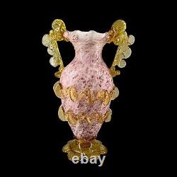 Pink Confetti Art Glass Sculptural Vase Applied Amber Glass Rigaree And Handles