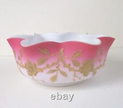 Pink satin glass brides bowl gilded floral white cased antique art glass