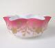 Pink Satin Glass Brides Bowl Gilded Floral White Cased Antique Art Glass