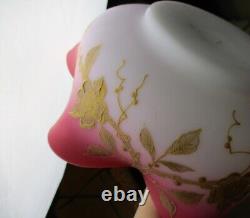 Pink satin glass brides bowl gilded floral white cased antique art glass