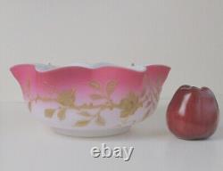 Pink satin glass brides bowl gilded floral white cased antique art glass