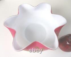 Pink satin glass brides bowl gilded floral white cased antique art glass