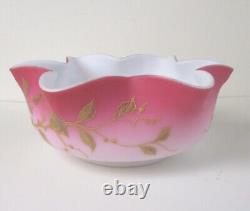 Pink satin glass brides bowl gilded floral white cased antique art glass