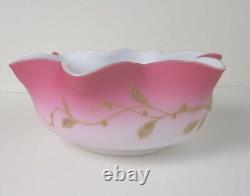 Pink satin glass brides bowl gilded floral white cased antique art glass