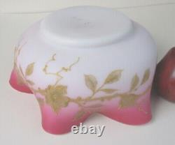 Pink satin glass brides bowl gilded floral white cased antique art glass