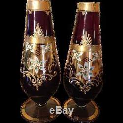 Pr. 9 Victorian Moser Ruby Red Vases, Handpainted, Heavy Gold
