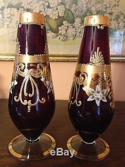 Pr. 9 Victorian Moser Ruby Red Vases, Handpainted, Heavy Gold