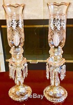 Pr Antique Baccarat style HURRICANE MANTEL LAMP Cut Crystal/HandDecorated Enamel
