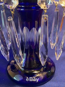 Pr Antique Cobalt Blue Cut To Clear Mantle Lusters Bohemian Crystals Candlestick