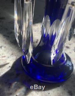 Pr Antique Cobalt Blue Cut To Clear Mantle Lusters Bohemian Crystals Candlestick