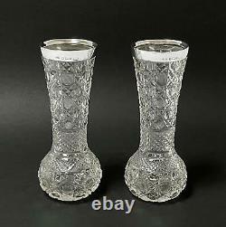 Pr Antique John Grinsell & Sons Sterling Silver Rimmed Hobnail Cut Glass Vases