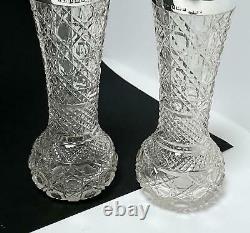 Pr Antique John Grinsell & Sons Sterling Silver Rimmed Hobnail Cut Glass Vases