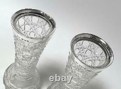 Pr Antique John Grinsell & Sons Sterling Silver Rimmed Hobnail Cut Glass Vases