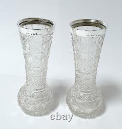 Pr Antique John Grinsell & Sons Sterling Silver Rimmed Hobnail Cut Glass Vases