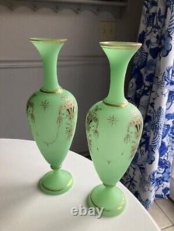 Pr MAGNIFICENT Satin Uranium Green Opaline Glass Ftd 13 Vases Gold Gilt Swags