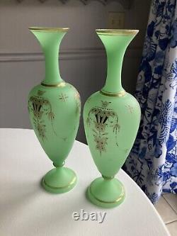 Pr MAGNIFICENT Satin Uranium Green Opaline Glass Ftd 13 Vases Gold Gilt Swags