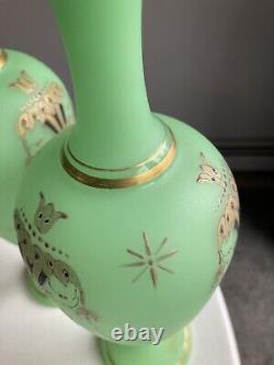 Pr MAGNIFICENT Satin Uranium Green Opaline Glass Ftd 13 Vases Gold Gilt Swags