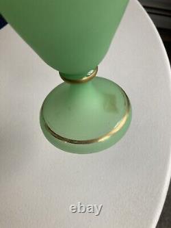 Pr MAGNIFICENT Satin Uranium Green Opaline Glass Ftd 13 Vases Gold Gilt Swags
