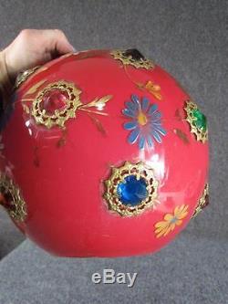 RARE ANTIQUES AMERICAN VICTORIAN CASED ART GLASS BALL LAMP SHADE with JEWELS