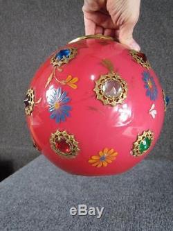 RARE ANTIQUES AMERICAN VICTORIAN CASED ART GLASS BALL LAMP SHADE with JEWELS