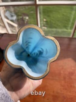 RARE Antique French Blue Opaline Hand Painted cased Glass Epergne Vase
