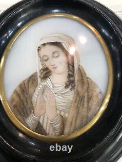 RARE Antique French Mourning Hair Art Domed Glass Frame Woman Praying c1860