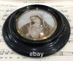 RARE Antique French Mourning Hair Art Domed Glass Frame Woman Praying c1860