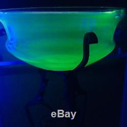 RARE Art Nouveau Victorian Green Uranium Blown Glass Fish Bowl with Iron Stand