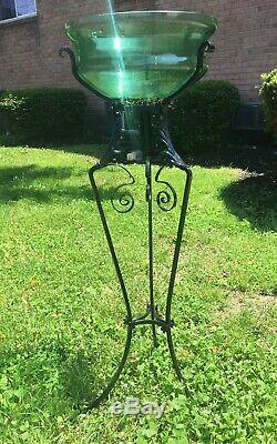 RARE Art Nouveau Victorian Green Uranium Blown Glass Fish Bowl with Iron Stand