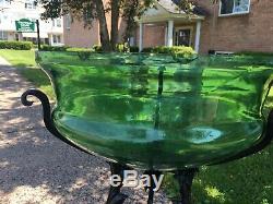 RARE Art Nouveau Victorian Green Uranium Blown Glass Fish Bowl with Iron Stand