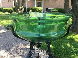 RARE Art Nouveau Victorian Green Uranium Blown Glass Fish Bowl with Iron Stand