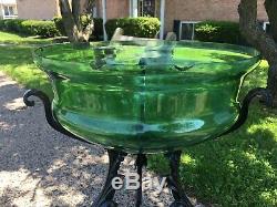 RARE Art Nouveau Victorian Green Uranium Blown Glass Fish Bowl with Iron Stand