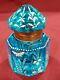Rare Gorgeous 1880s Ice Blue Art Glass Mary Gregory Ink Well Birds Flowers Aqua