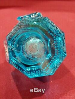 RARE GORGEOUS 1880s ICE BLUE ART GLASS MARY GREGORY INK WELL BIRDS FLOWERS AQUA