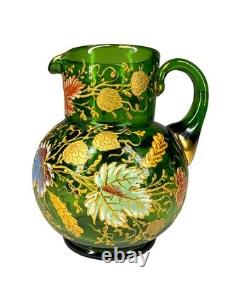 RARE Moser Green Art Glass Gilt Multicolored Enamel Leaf Pitcher c. 1885