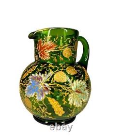 RARE Moser Green Art Glass Gilt Multicolored Enamel Leaf Pitcher c. 1885