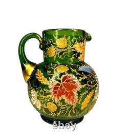 RARE Moser Green Art Glass Gilt Multicolored Enamel Leaf Pitcher c. 1885