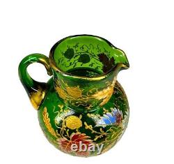 RARE Moser Green Art Glass Gilt Multicolored Enamel Leaf Pitcher c. 1885