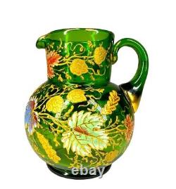 RARE Moser Green Art Glass Gilt Multicolored Enamel Leaf Pitcher c. 1885