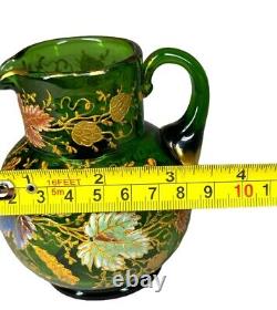 RARE Moser Green Art Glass Gilt Multicolored Enamel Leaf Pitcher c. 1885