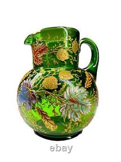 RARE Moser Green Art Glass Gilt Multicolored Enamel Leaf Pitcher c. 1885