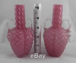 RARE Pair Stunning Hot Pink Victorian Art Glass Bud Vases Pink Enclosed by Clear