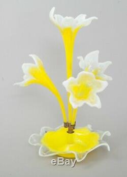 RARE Victorian Blown Art Glass Flower Center Piece YellowithWhite Daffodil Epergne