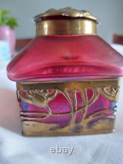 RARE c1900 ART NOUVEAU KRALIK BACILLUS BOHEMIAN GLASS TOP INKWELL LOETZ RELATED