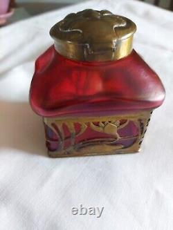 RARE c1900 ART NOUVEAU KRALIK BACILLUS BOHEMIAN GLASS TOP INKWELL LOETZ RELATED