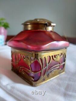 RARE c1900 ART NOUVEAU KRALIK BACILLUS BOHEMIAN GLASS TOP INKWELL LOETZ RELATED