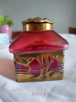 RARE c1900 ART NOUVEAU KRALIK BACILLUS BOHEMIAN GLASS TOP INKWELL LOETZ RELATED