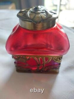 RARE c1900 ART NOUVEAU KRALIK BACILLUS BOHEMIAN GLASS TOP INKWELL LOETZ RELATED