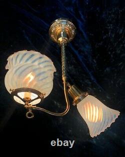 RESTORED Antique Victorian Ceiling Gas/Electric Pendant Light & Art Glass Shades